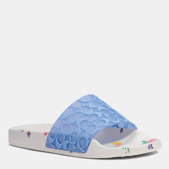 COACH Udele Sport Pool Slides Periwinkle/Chalk - Picture 1 of 5